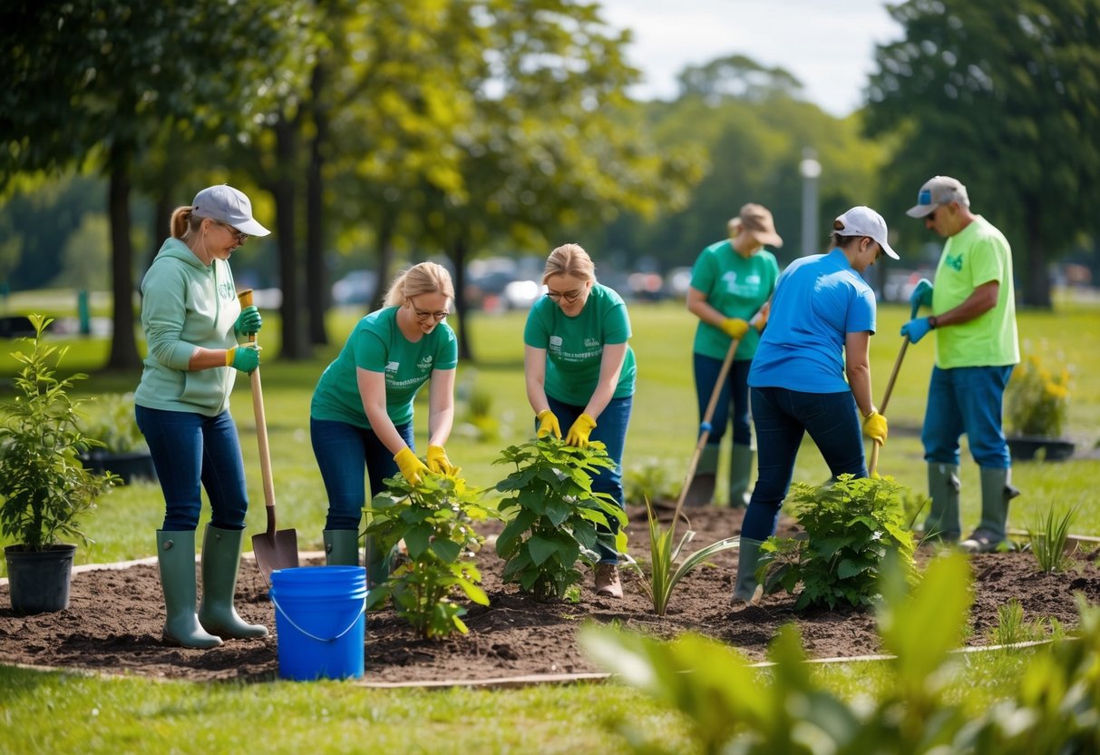 A group of people planting native plants in a park, while others remove invasive species from the surrounding area