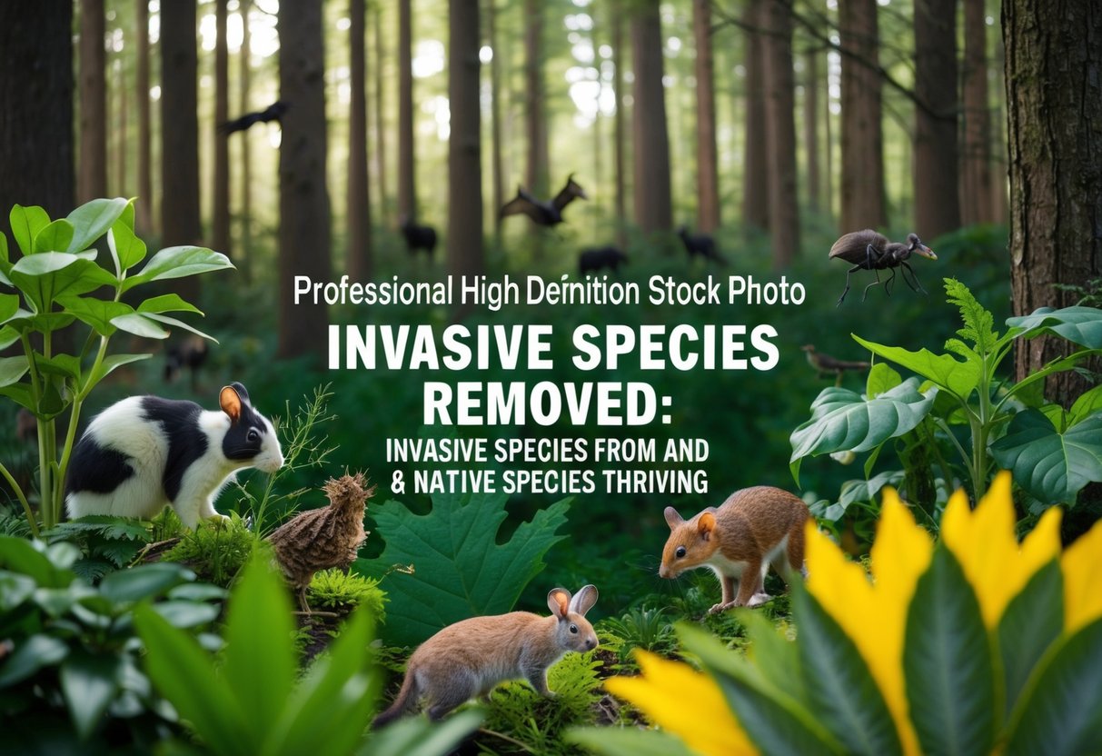 A forest with various plants and animals, showing invasive species being removed and native species thriving