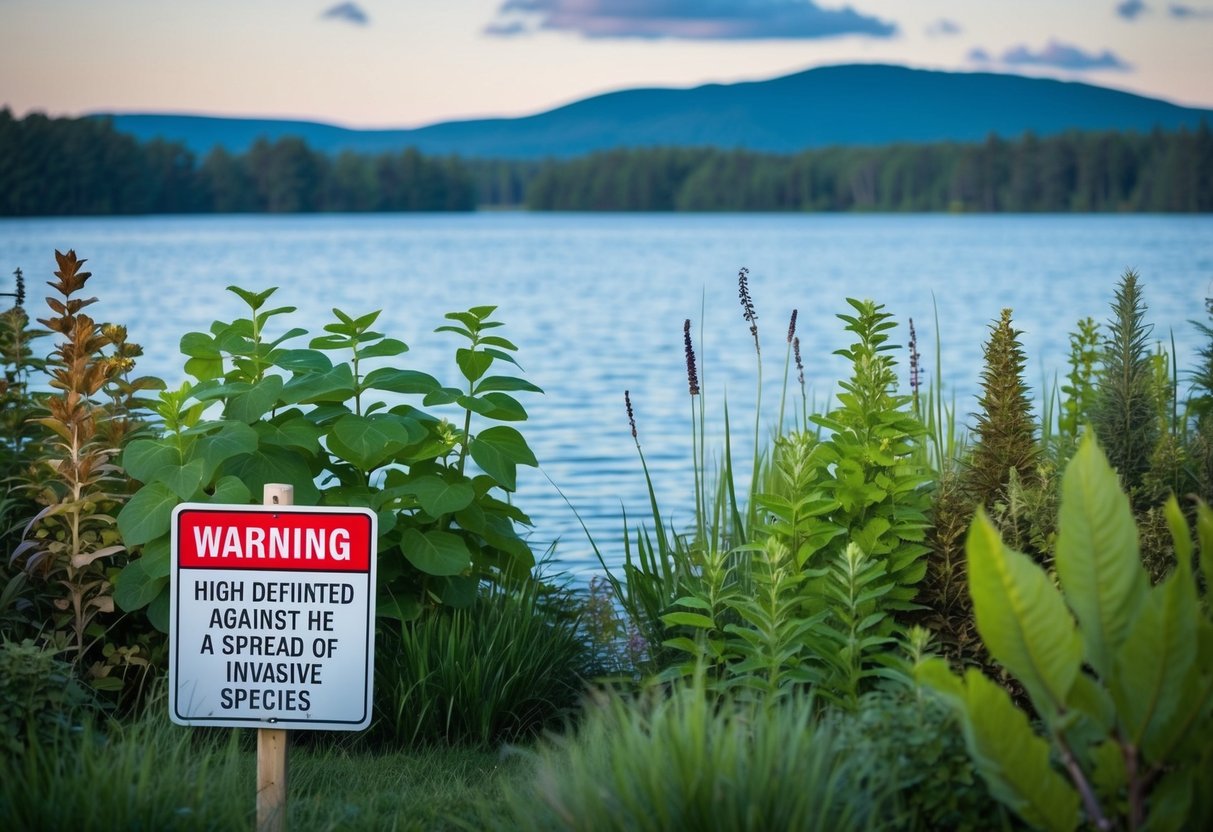 A serene lake surrounded by diverse plant life, with signs posted warning against the spread of invasive species