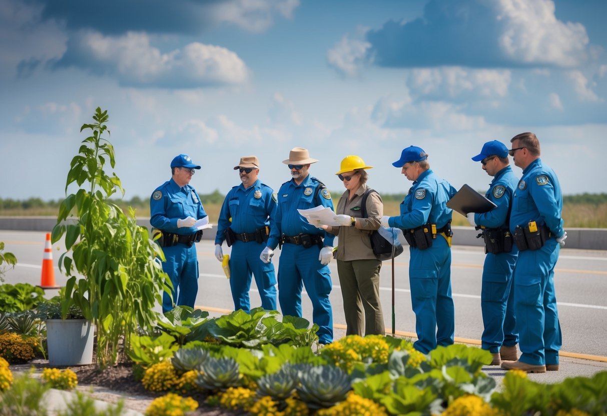 A group of people and regulatory agents working together to stop the spread of invasive species, inspecting and monitoring plants and animals at a border checkpoint