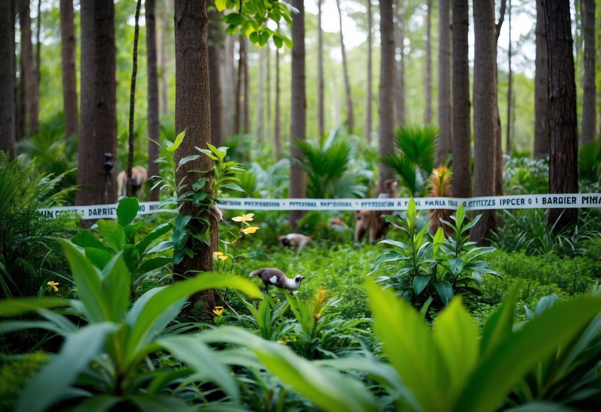 A lush forest with native plants and animals, surrounded by a barrier to prevent invasive species from entering