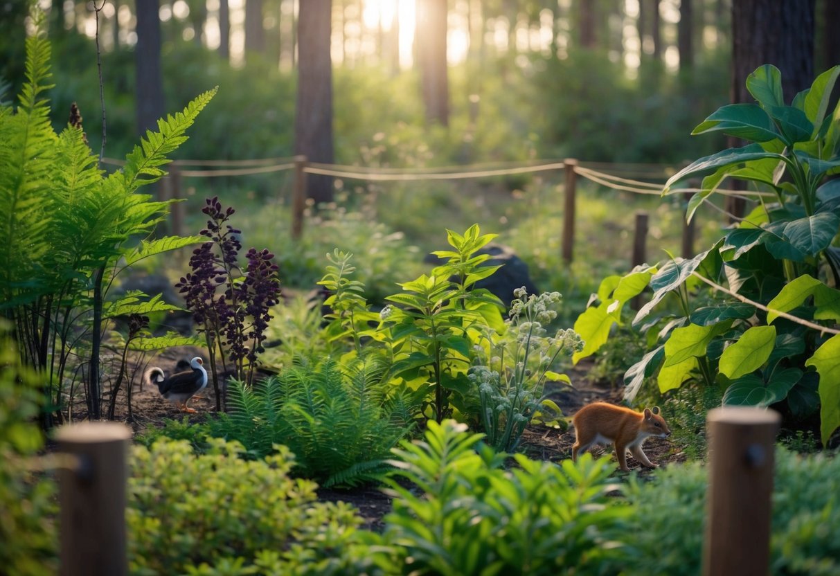 A diverse ecosystem with native plants and animals, surrounded by barriers to prevent the entry of invasive species