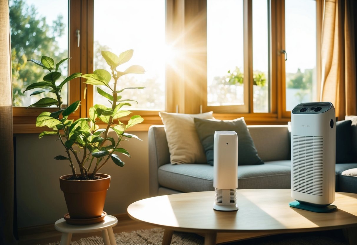 A cozy living room with open windows, a potted plant, and an air purifier. Sunlight streams in, creating a warm and inviting atmosphere