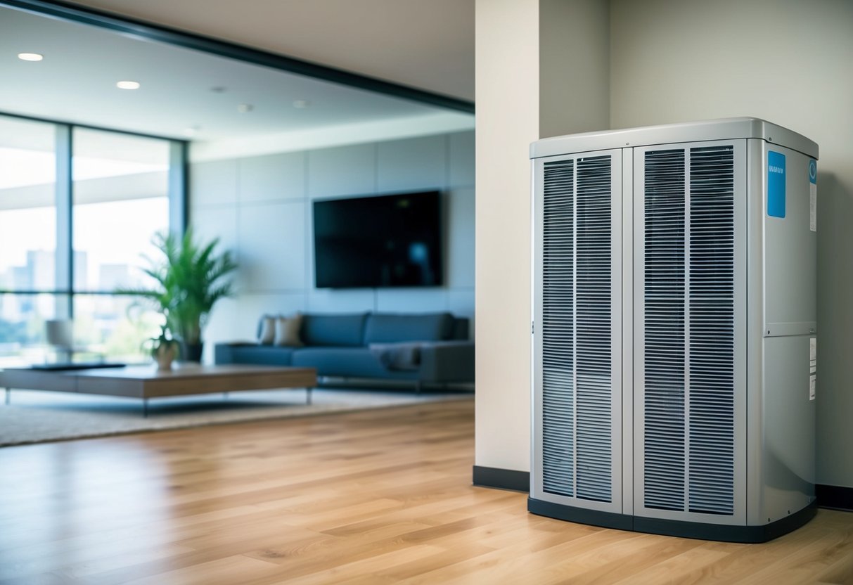 A modern HVAC system circulates clean air through a building, with air filters removing pollutants and maintaining indoor air quality