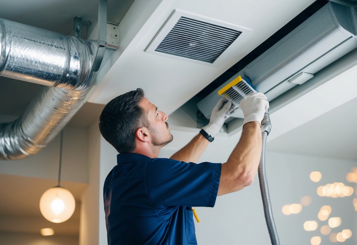 An HVAC technician inspecting and cleaning air ducts, filters, and vents to maintain indoor air quality