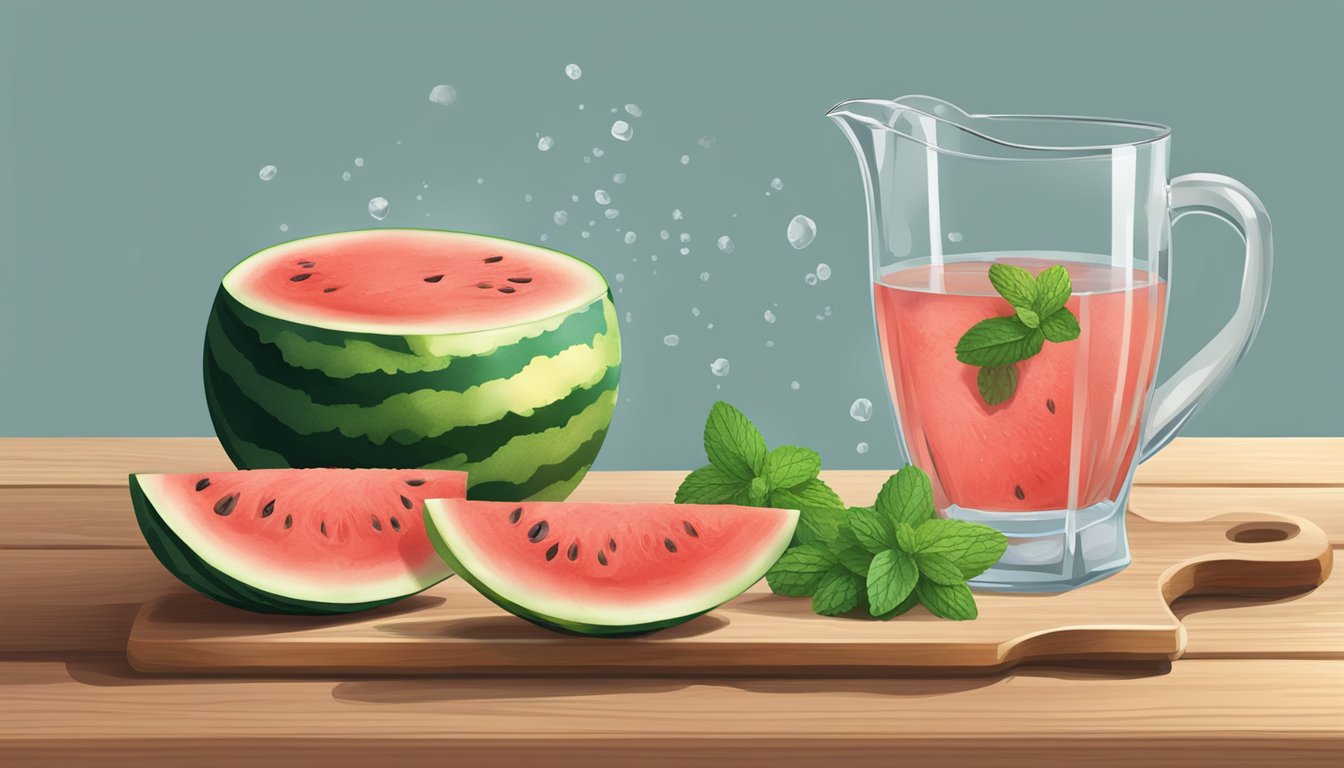 A ripe watermelon being cut into chunks, a pitcher of water, and a handful of fresh mint leaves on a wooden cutting board