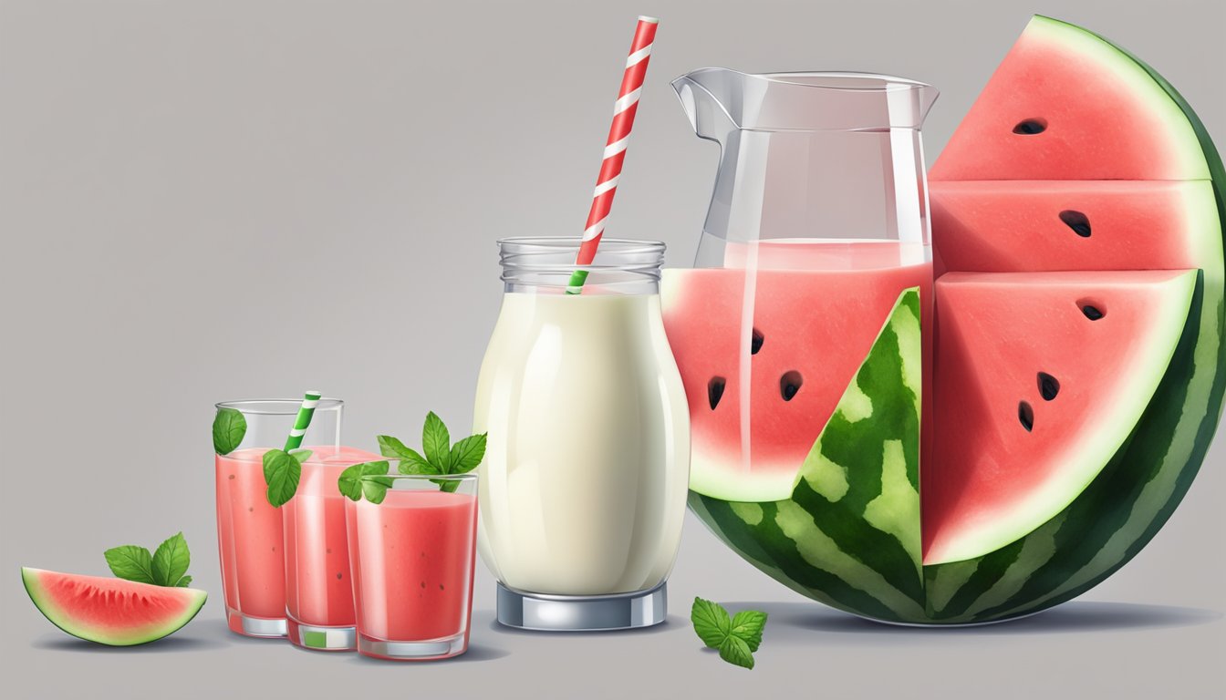 A ripe watermelon being cut into cubes, a blender filled with the cubes, milk, and honey, and a glass filled with the finished watermelon shake