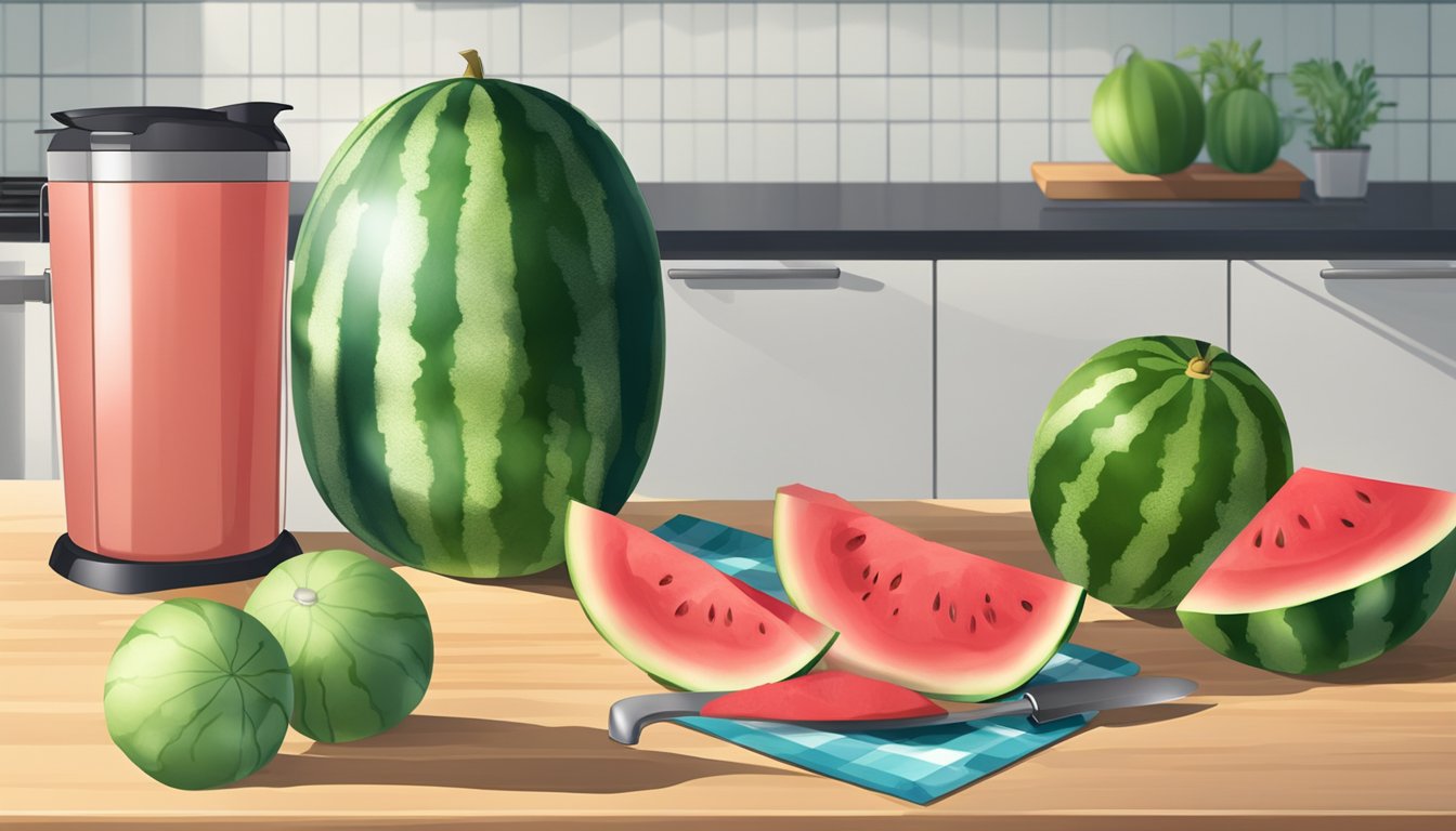 A ripe watermelon, a cutting board, a knife, and a blender on a kitchen counter