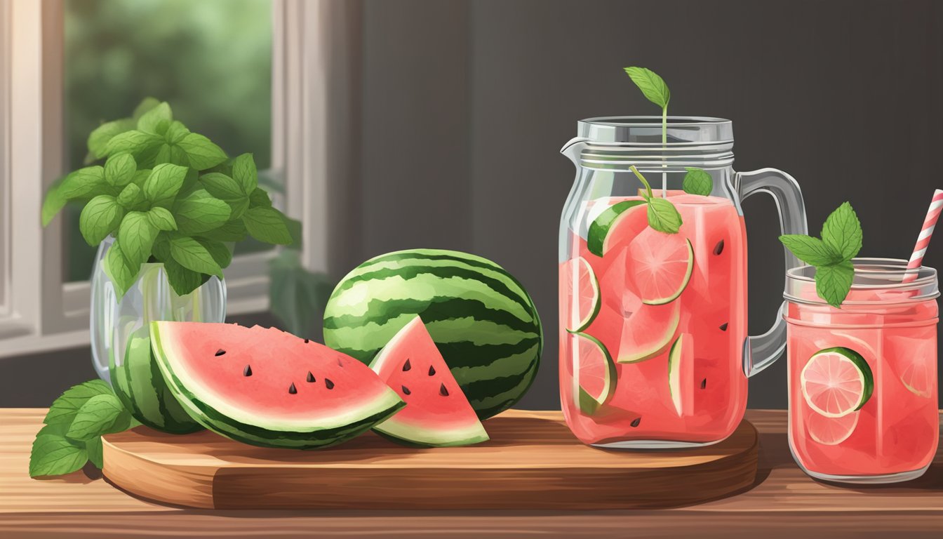 A pitcher of watermelon agua fresca sits on a wooden table surrounded by fresh watermelon slices and mint leaves. A stack of mason jars and a cutting board with a knife are nearby