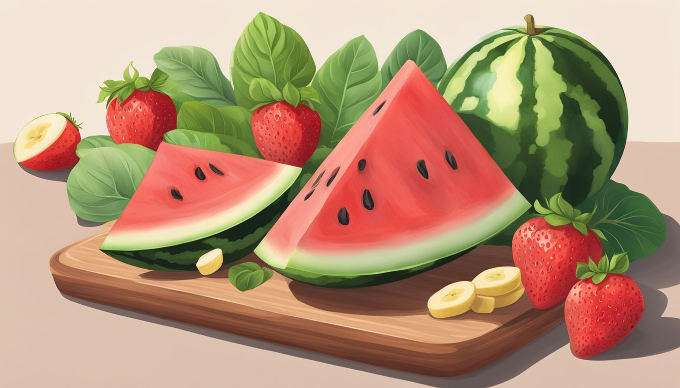 A ripe watermelon sliced on a cutting board, surrounded by fresh strawberries, bananas, and a handful of spinach leaves