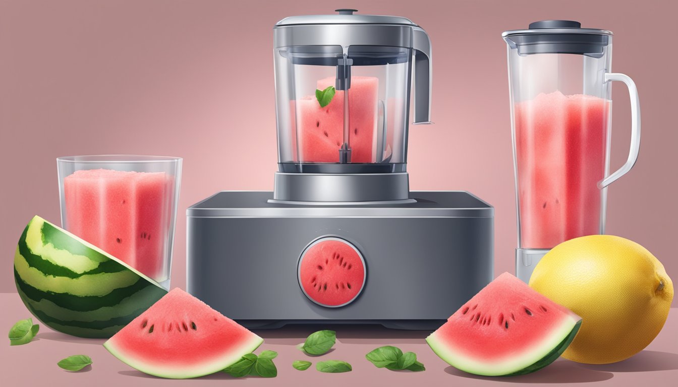 Fresh watermelon being scooped into a blender, mixed with sugar and lemon juice, then poured into a container and frozen