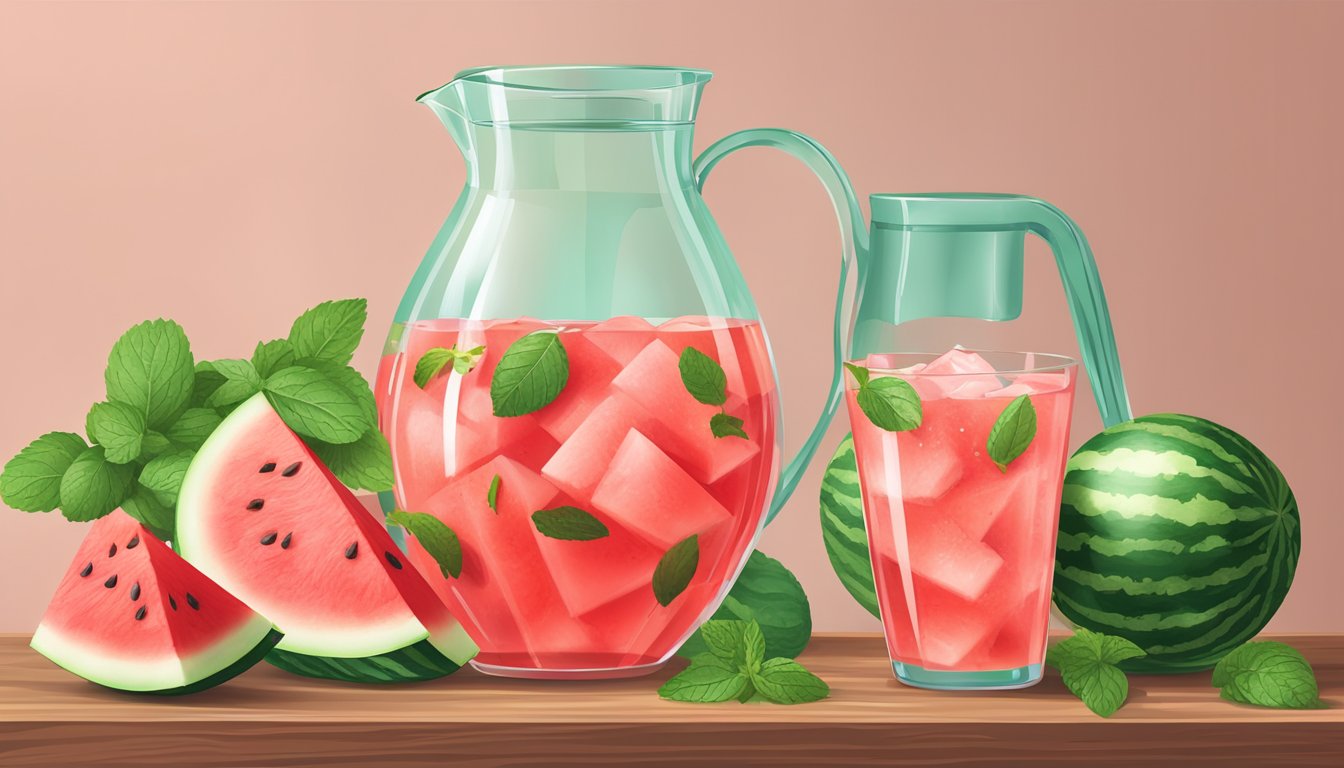 A pitcher of watermelon-infused water surrounded by fresh watermelon slices and mint leaves on a wooden table