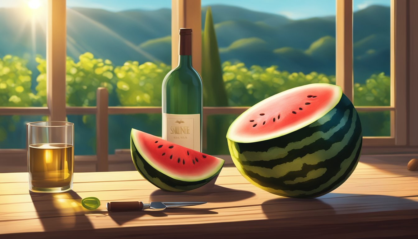 A ripe watermelon sits on a wooden table next to a bottle of wine, a corkscrew, and a glass. The sun shines through a nearby window, casting a warm glow over the scene