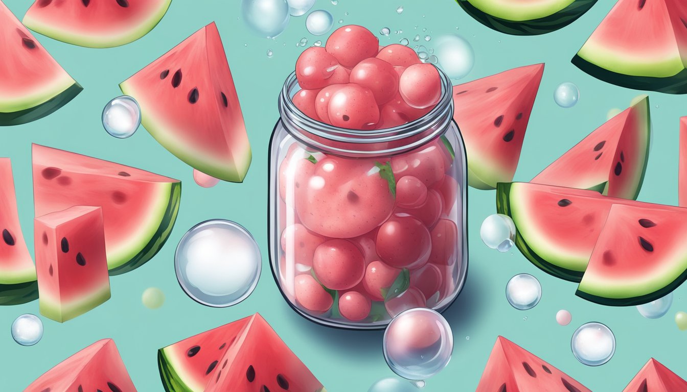 Watermelon chunks fermenting in a glass jar, bubbles rising to the surface, surrounded by yeast, sugar, and water