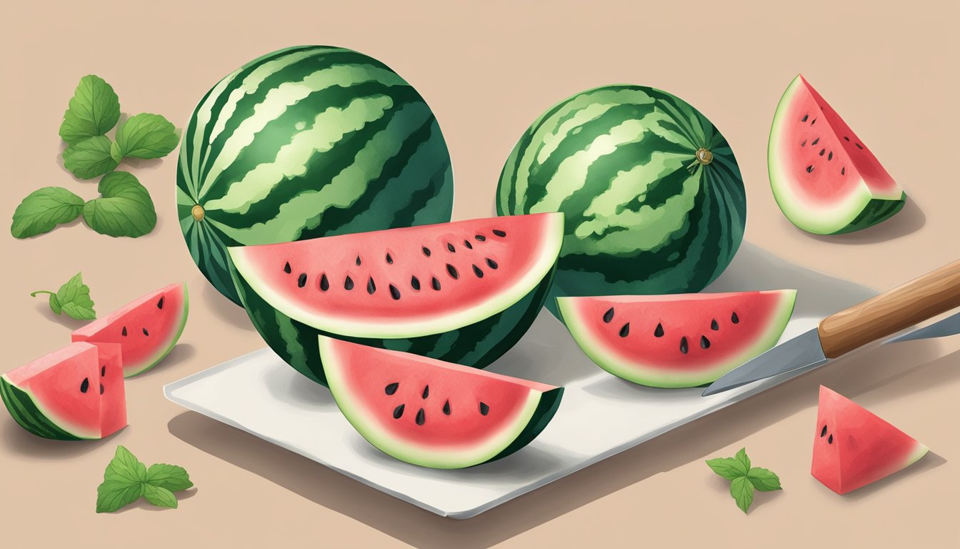 A watermelon being cut into cubes and placed on a baking sheet lined with parchment paper, then placed in the freezer