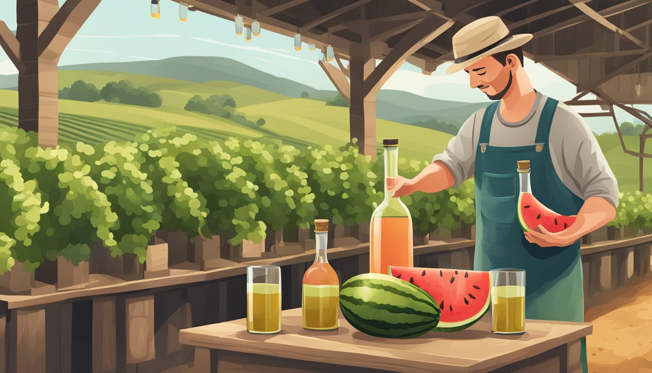 A vineyard worker pouring freshly made watermelon wine into glass bottles for aging