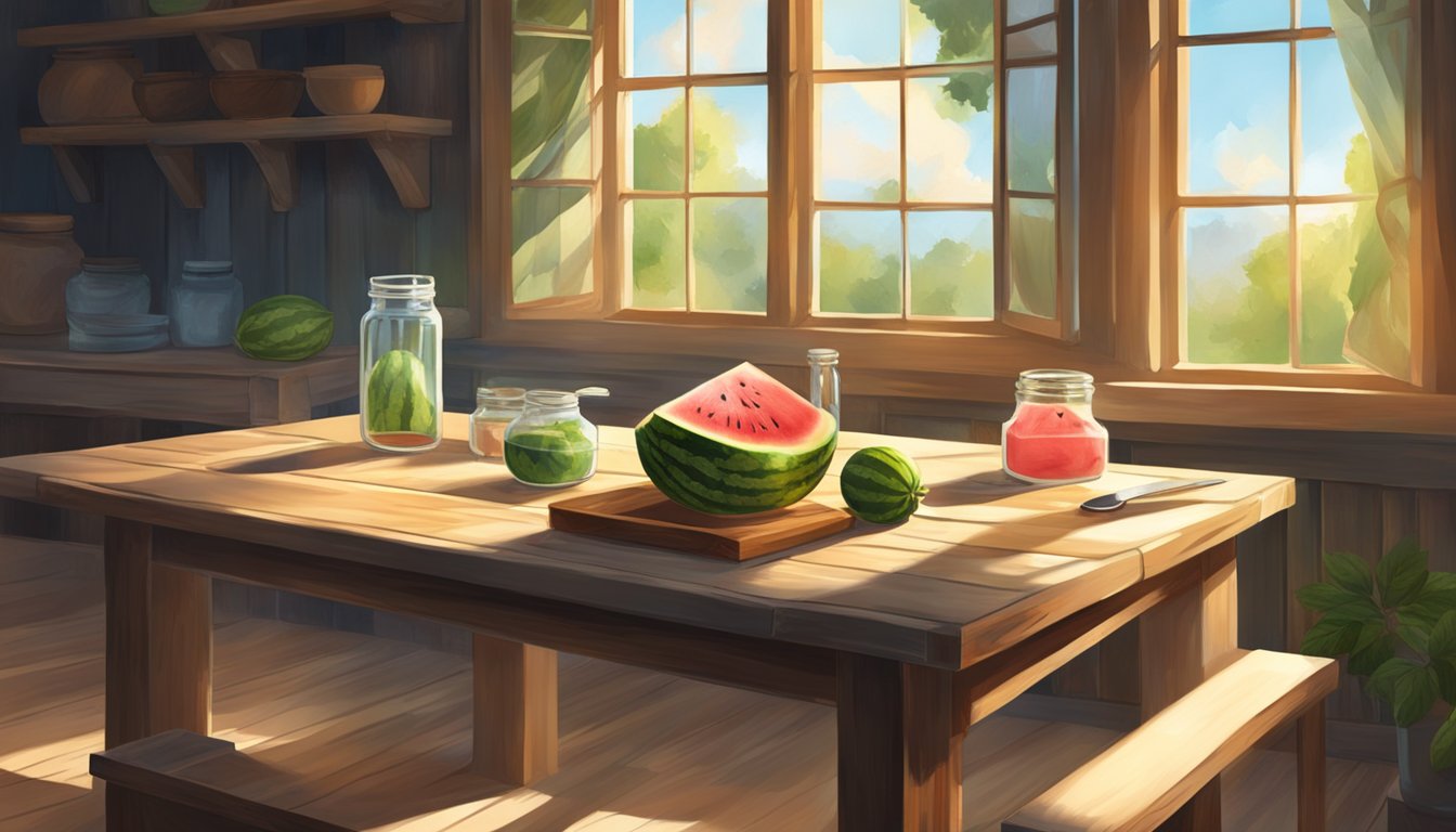 A rustic wooden table with a watermelon, knife, and glass jars. Sunlight streams through a window onto the scene