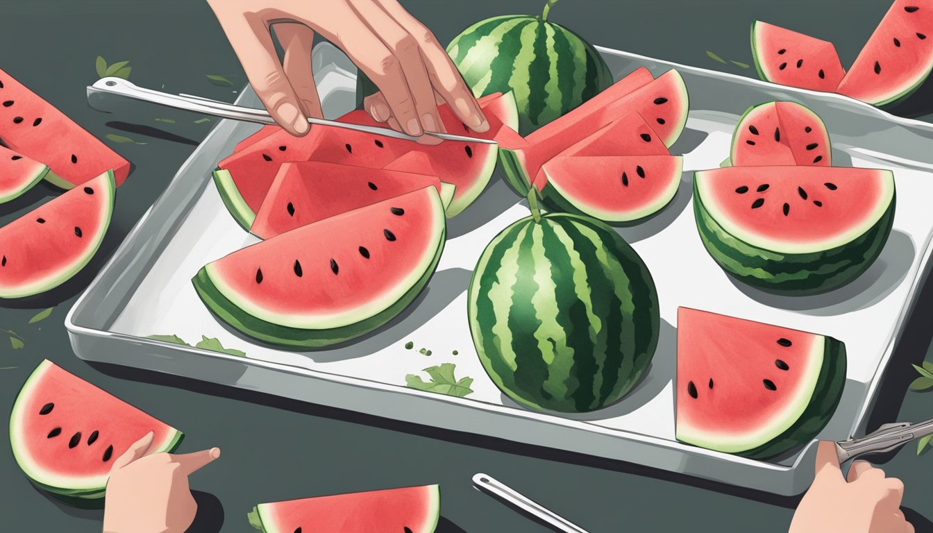 A hand reaching for a ripe watermelon, a knife slicing it into popsicle shapes, and a tray of watermelon pops ready to be frozen