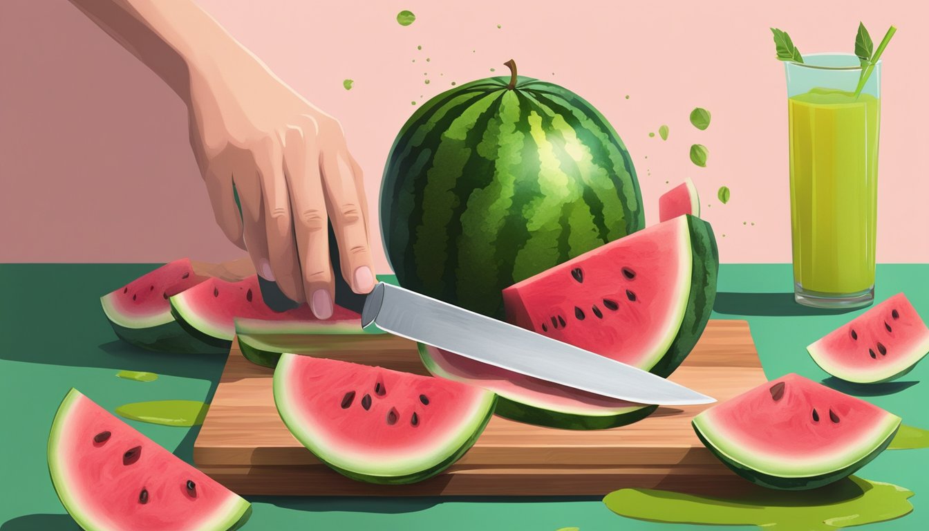 A hand reaching for a ripe watermelon, a knife slicing through the green rind, and sweet pink juice dripping onto a cutting board