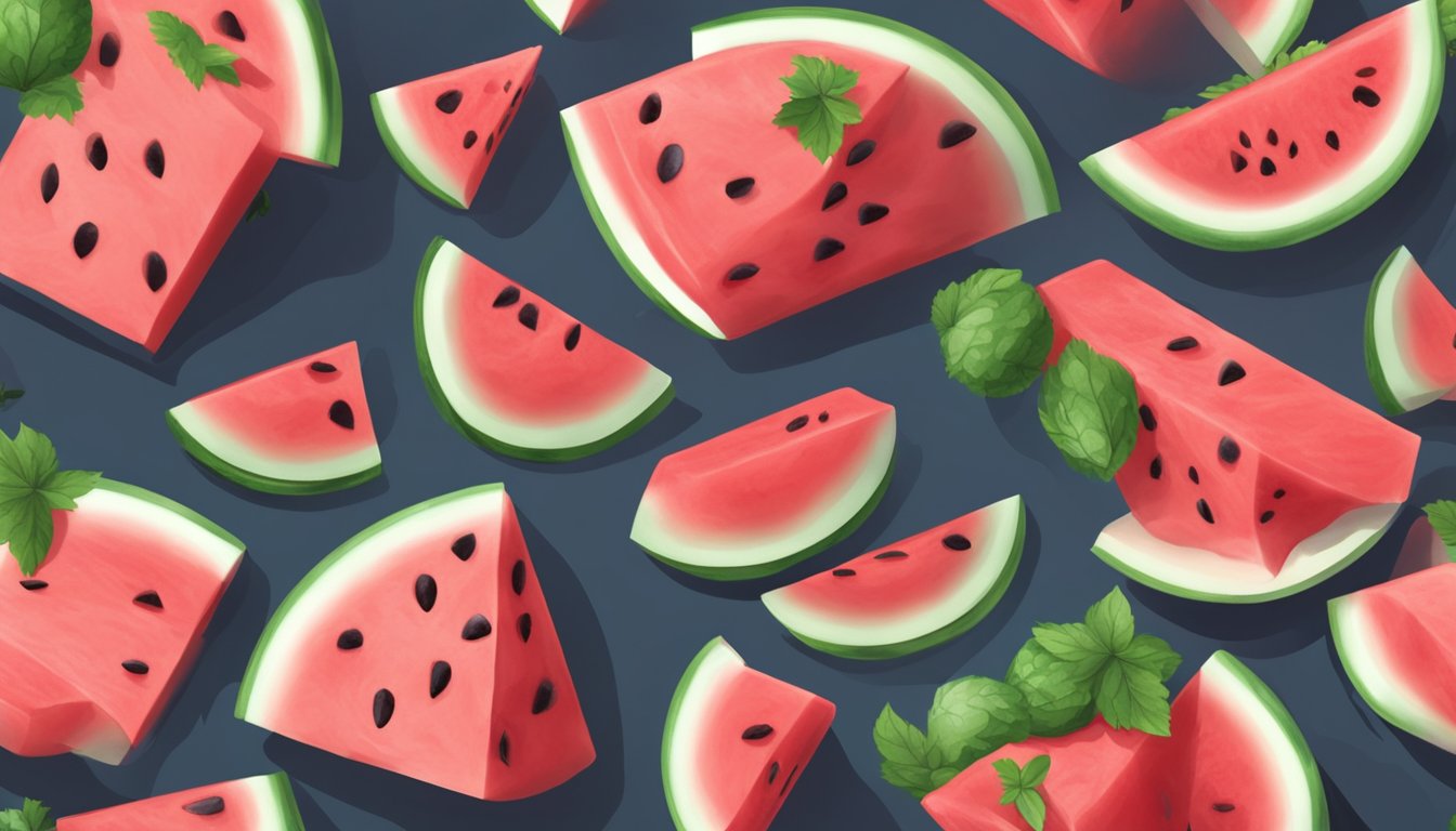 A ripe watermelon being sliced into chunks, then blended into a smooth puree. Pouring the puree into popsicle molds and inserting sticks before freezing