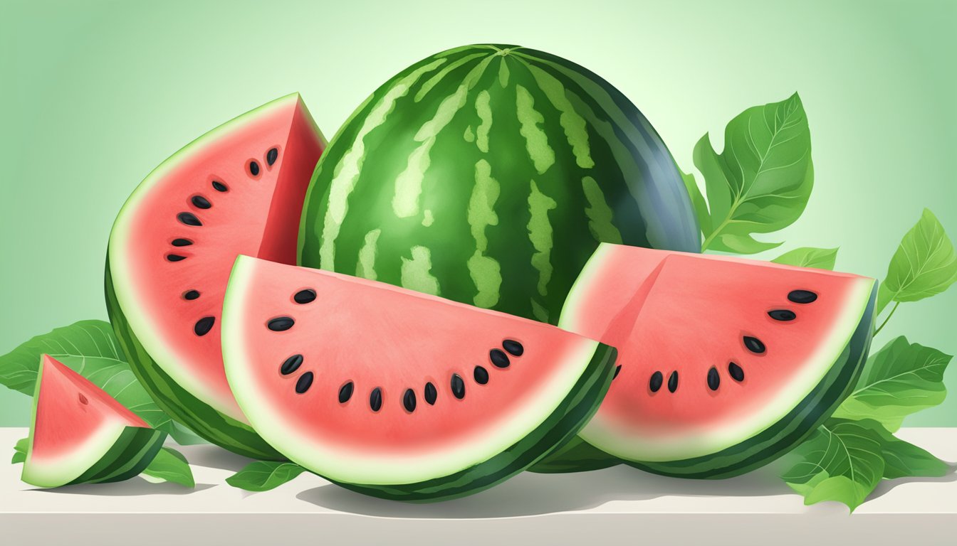 A watermelon being sliced and juiced with fresh green leaves in the background