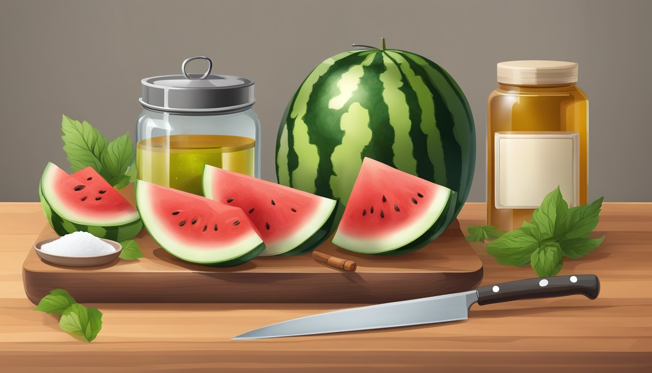 A cutting board with watermelon rind, vinegar, sugar, and spices. A pot, knife, and jars for pickling