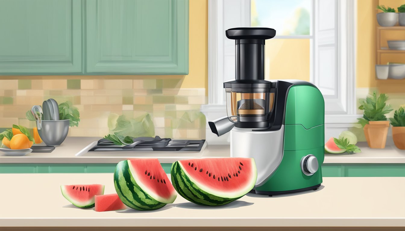 A watermelon being sliced and juiced with a juicer on a kitchen counter