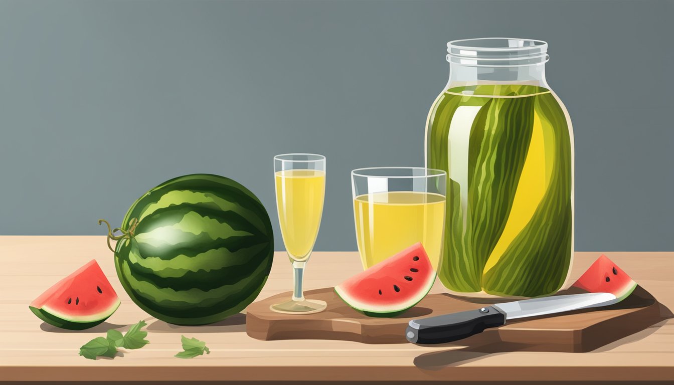 A jar of pickled watermelon rind sits next to a cutting board with a knife and fresh watermelon. A glass of white wine completes the scene