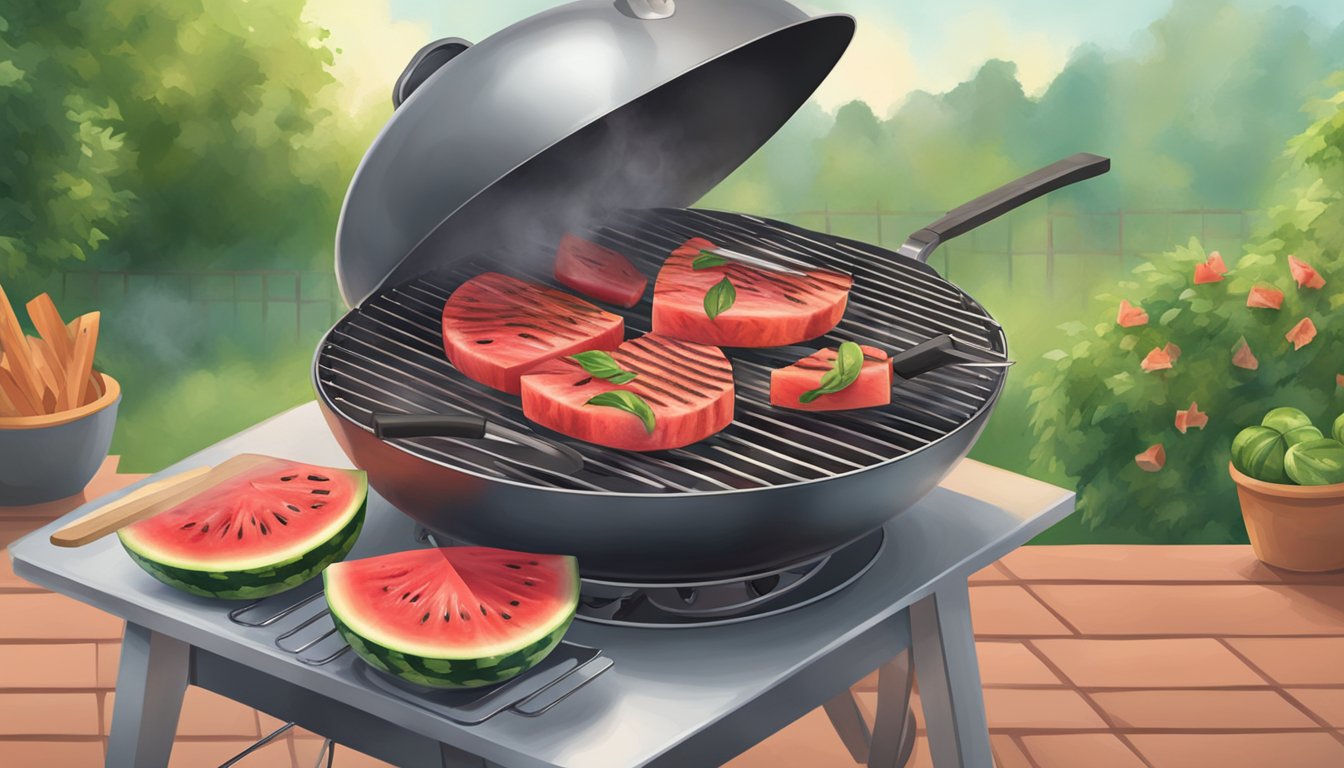 A grill with watermelon slices sizzling over the flames, with a spatula and cleaning supplies nearby