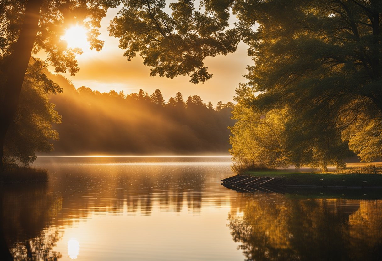 A vibrant sunrise over a tranquil lake, casting a warm glow on the surrounding trees and reflecting in the calm water