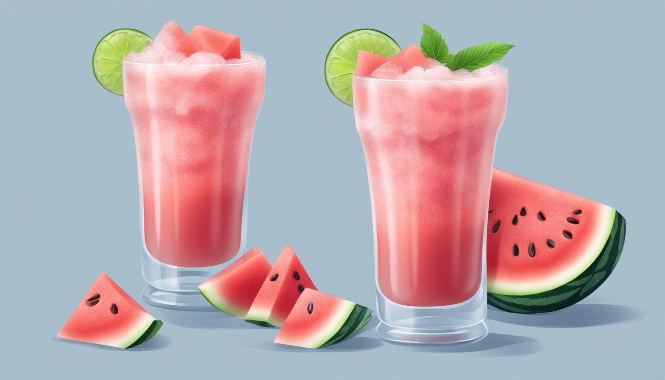 A ripe watermelon sliced open, with fresh chunks blended into a frosty slush in a glass