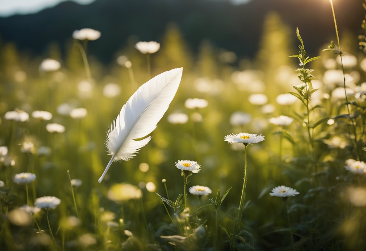 A gentle breeze carries a single white feather, floating gracefully through a sunlit forest clearing, landing softly on a bed of vibrant wildflowers