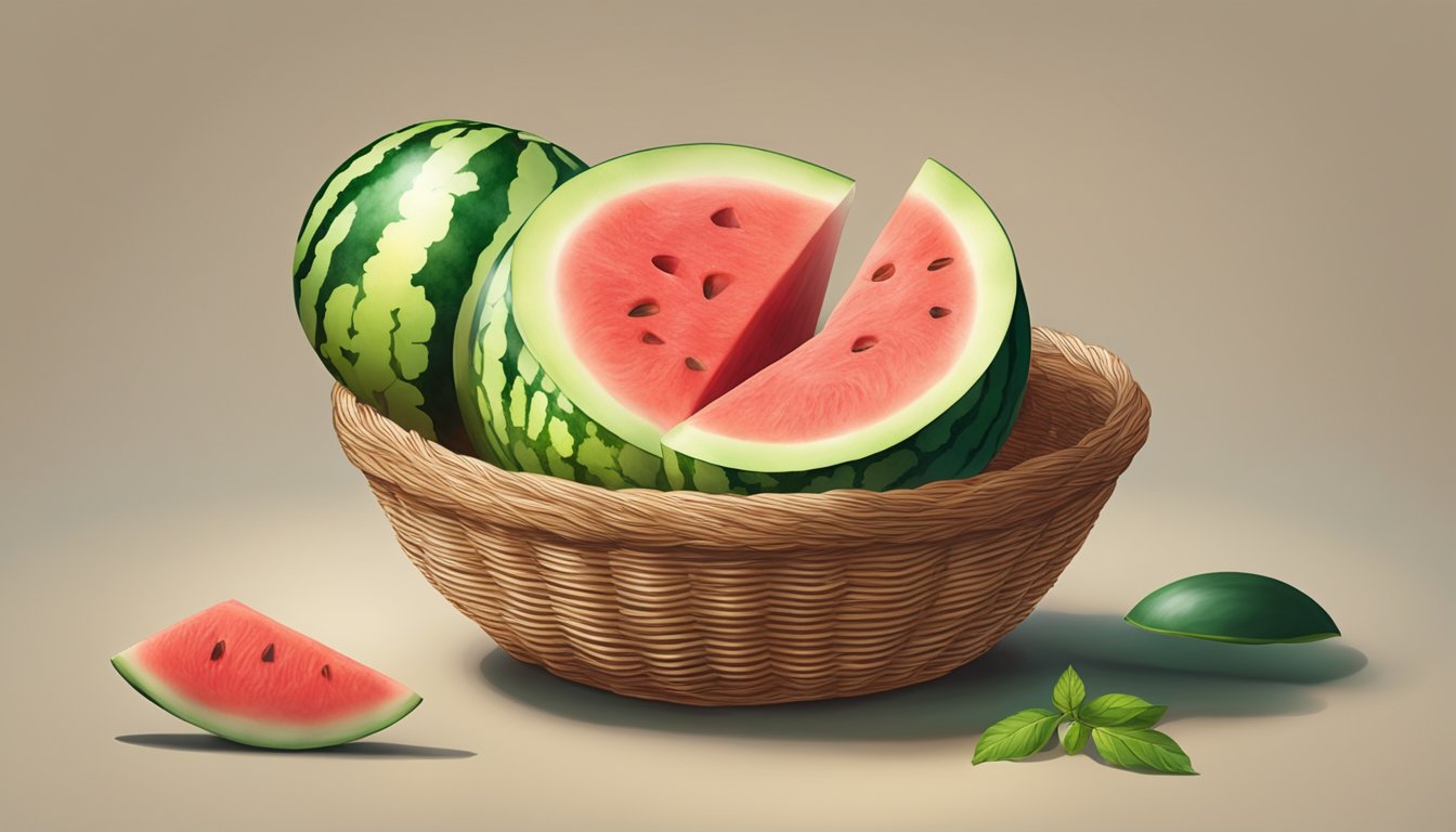 A ripe watermelon being carved into a basket shape, with the flesh scooped out and arranged neatly inside