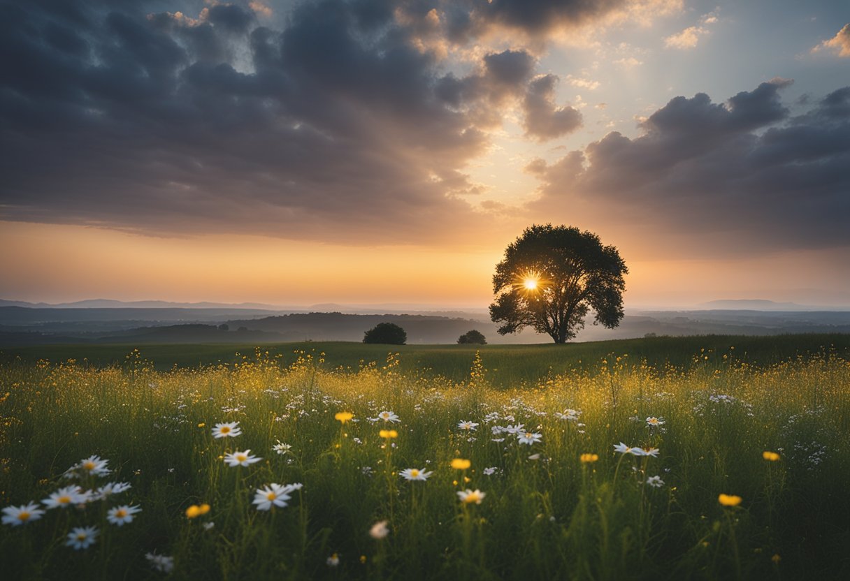 A radiant sunrise over a tranquil meadow, where a lone tree stands tall amidst a sea of wildflowers, symbolizing God's unwavering fidelity and the promise of new beginnings through mercy and forgiveness