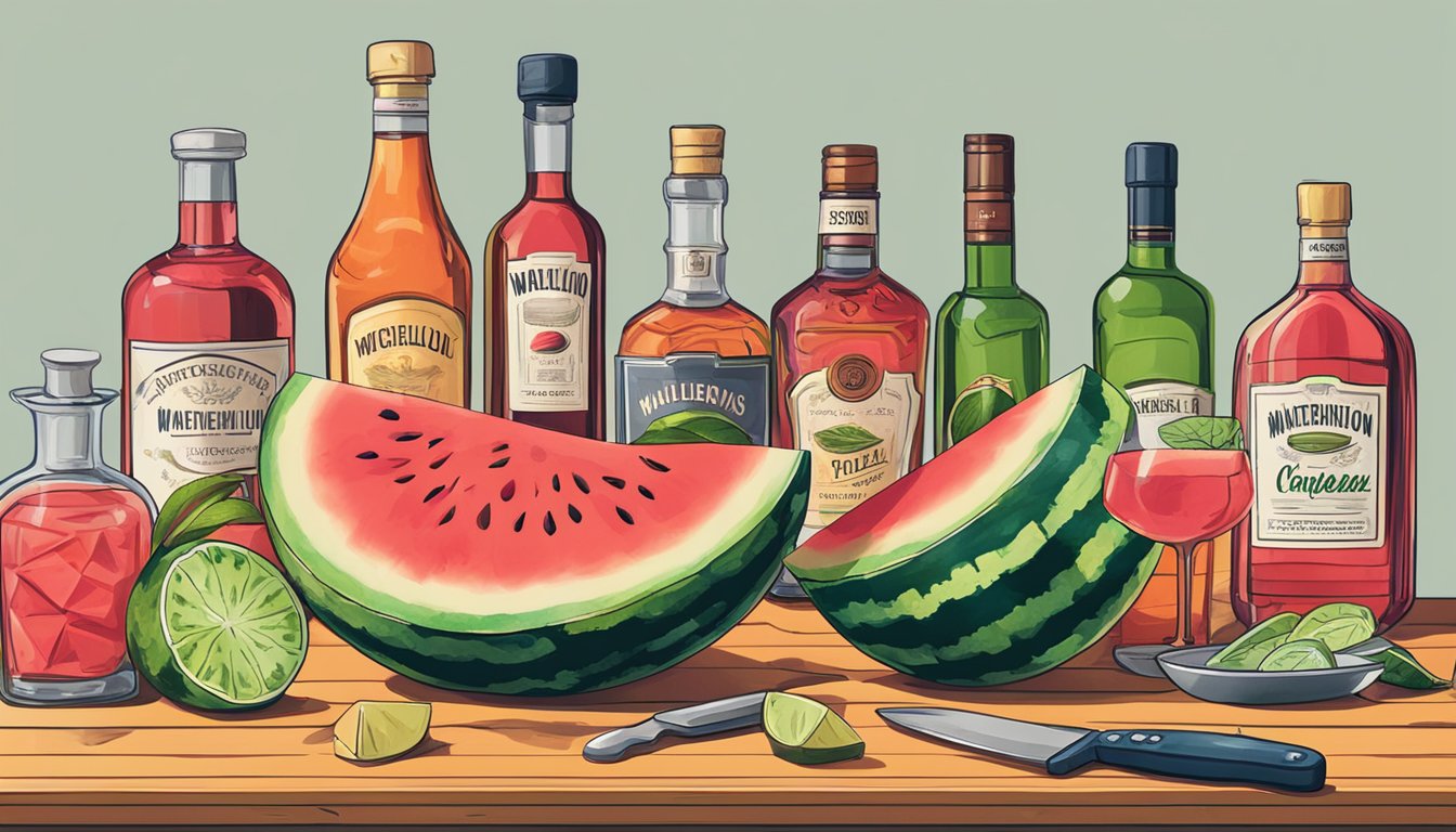 A watermelon being sliced open with a knife, while bottles of various spirits are lined up nearby