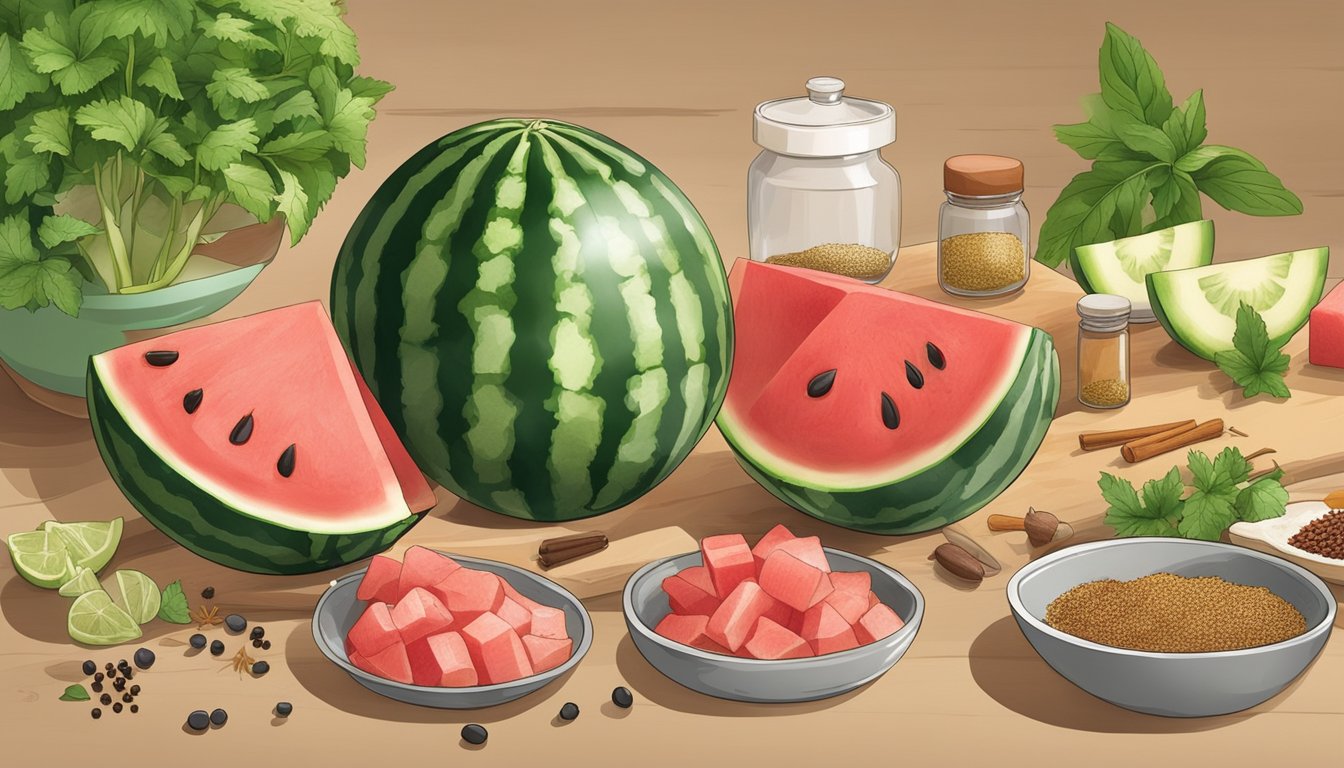 Watermelon rind being peeled and chopped, surrounded by various spices and flavorings on a kitchen countertop