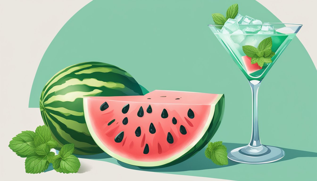 A watermelon being sliced and blended into a martini glass with ice and a sprig of mint