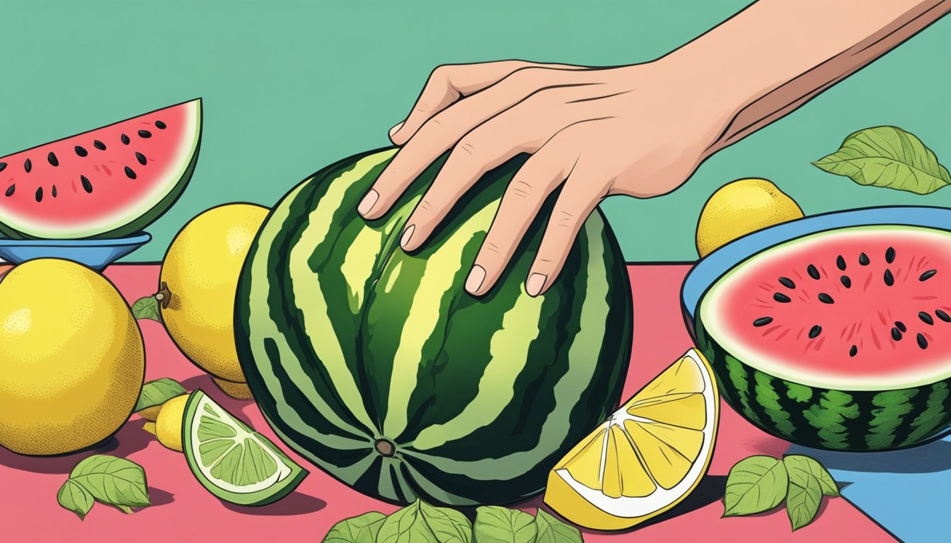 A hand reaching for a large, ripe watermelon among a pile of fruits, with a lemon and pitcher in the background