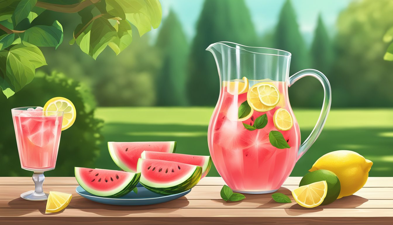 A pitcher of watermelon lemonade surrounded by fresh watermelon slices and lemon wedges on a wooden table in a sunny garden