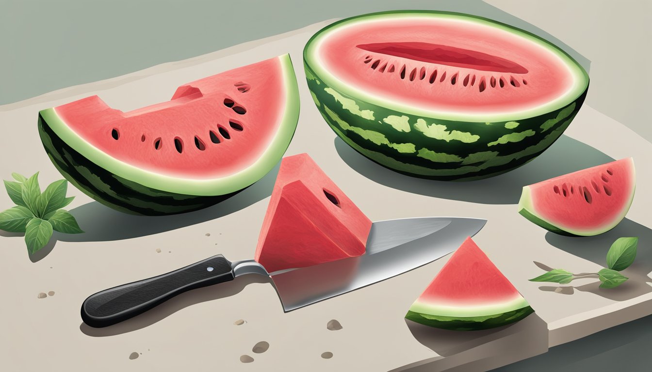 A watermelon being hollowed out and carved into a bowl shape, with a knife, spoon, and cutting board nearby