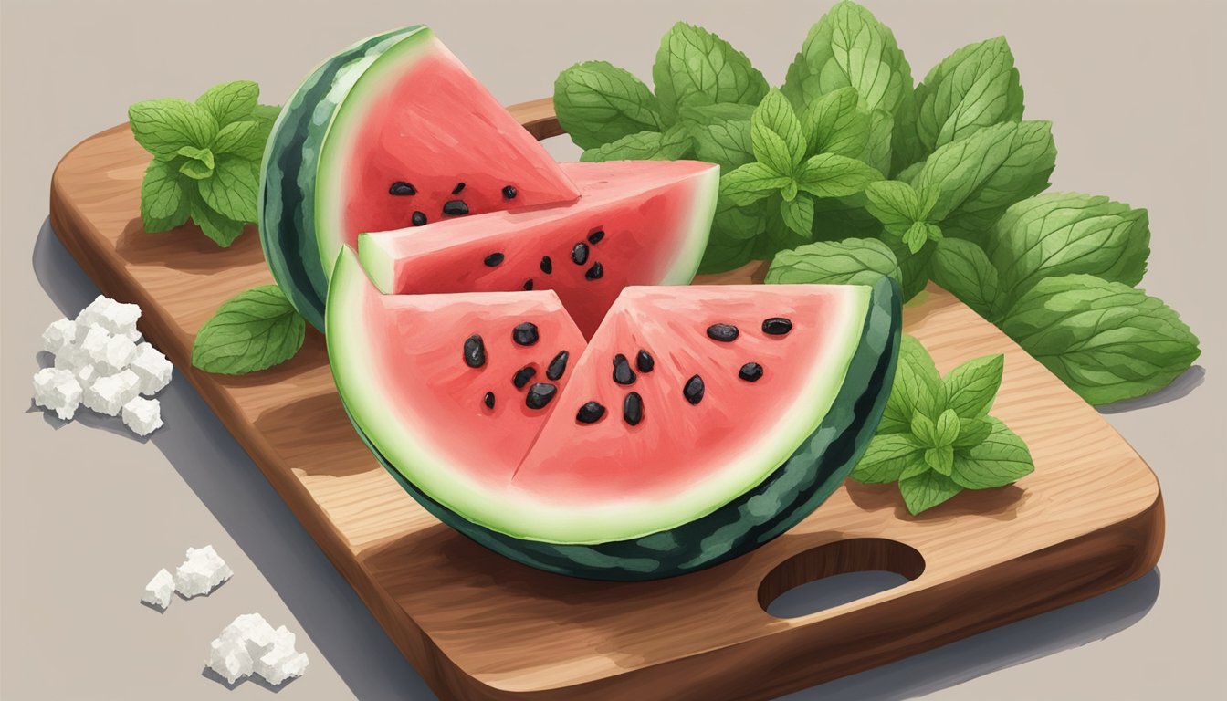 A ripe watermelon, fresh mint leaves, crumbled feta cheese, and a drizzle of balsamic glaze on a wooden cutting board