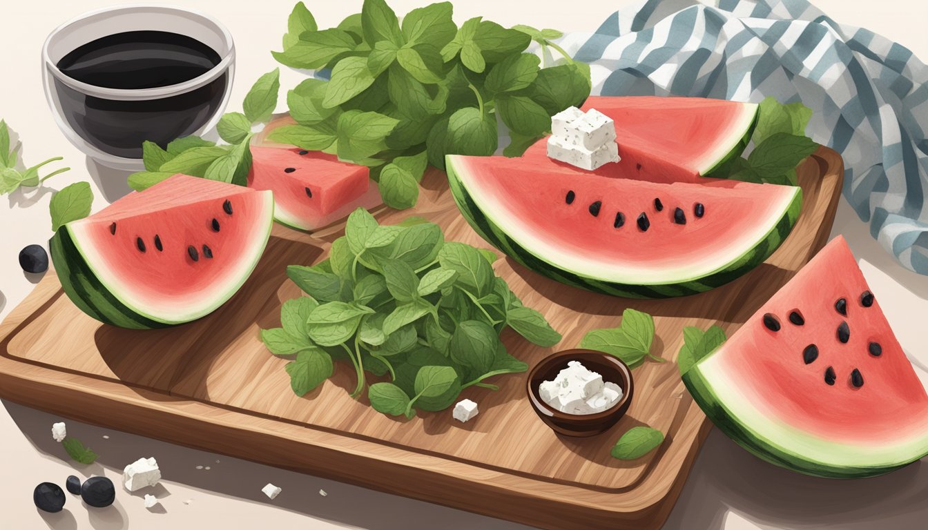 A wooden cutting board with sliced watermelon, feta cheese, mint leaves, and balsamic glaze next to a bowl of mixed greens