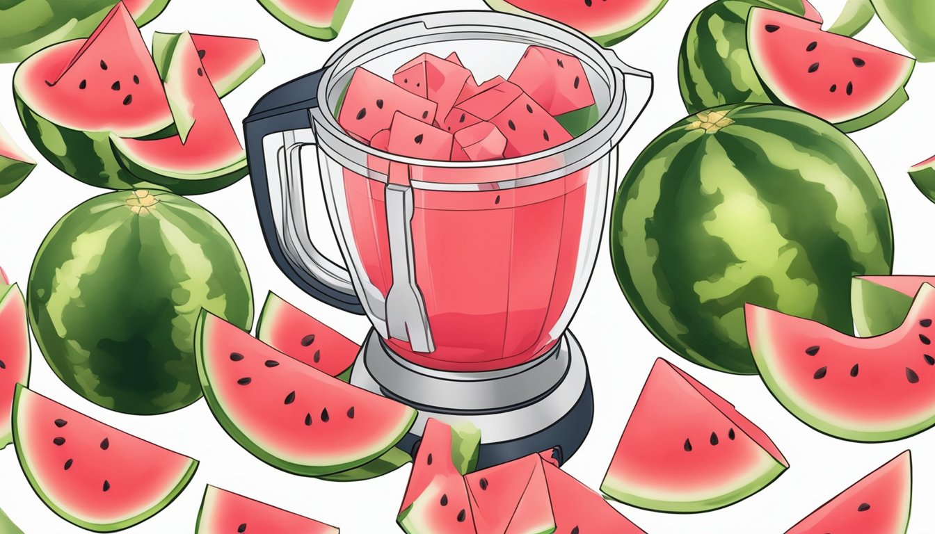 Fresh watermelon chunks in a blender, lid on, ready to be blended into juice