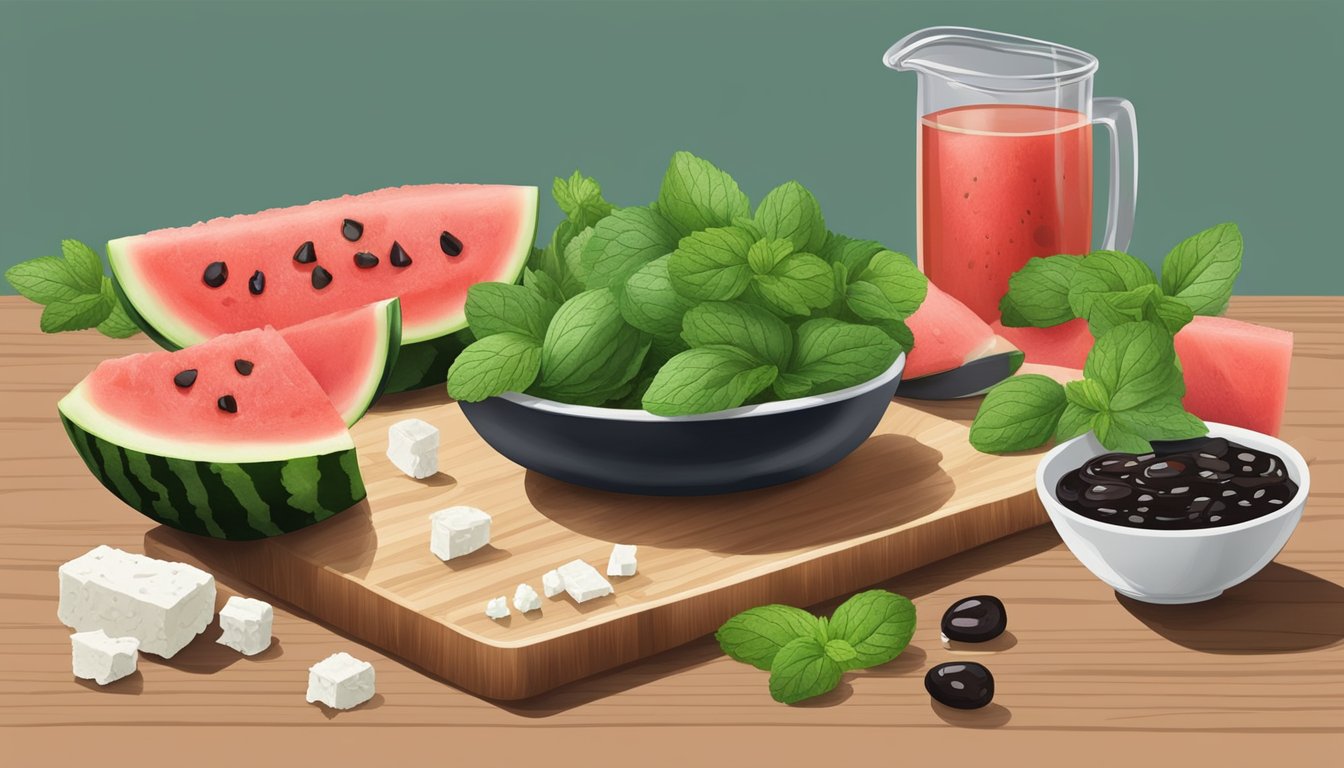 A cutting board with fresh watermelon, mint leaves, feta cheese, and a bowl of balsamic vinaigrette