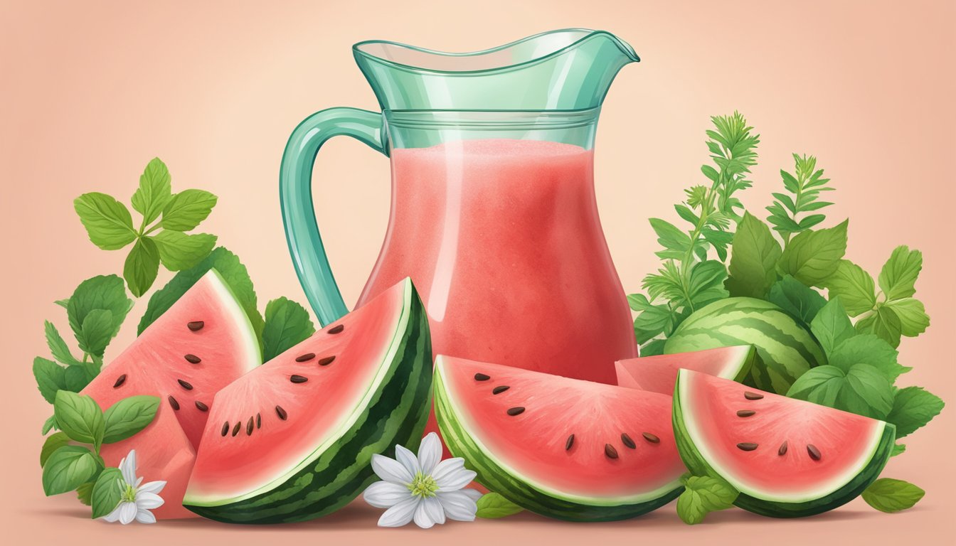 A pitcher of watermelon drink surrounded by fresh herbs and spices