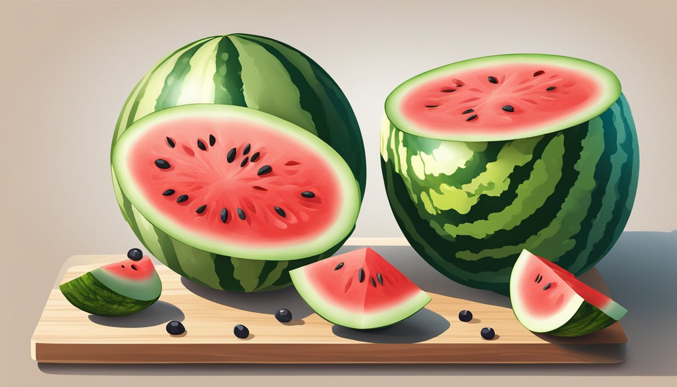 A watermelon being cut into spherical shapes using a melon baller, with the fruit and seeds scattered on a clean cutting board