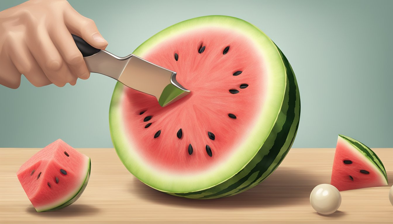 A watermelon being scooped into balls with a melon baller