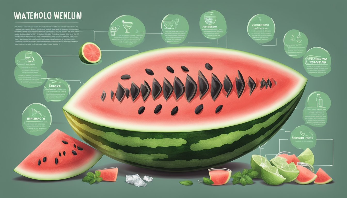 A ripe watermelon being hollowed out and filled with vodka, surrounded by various nutritional information labels and ingredients