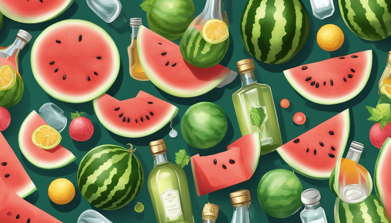 A watermelon being hollowed out into small balls with a melon baller, surrounded by bottles of various spirits and syrups