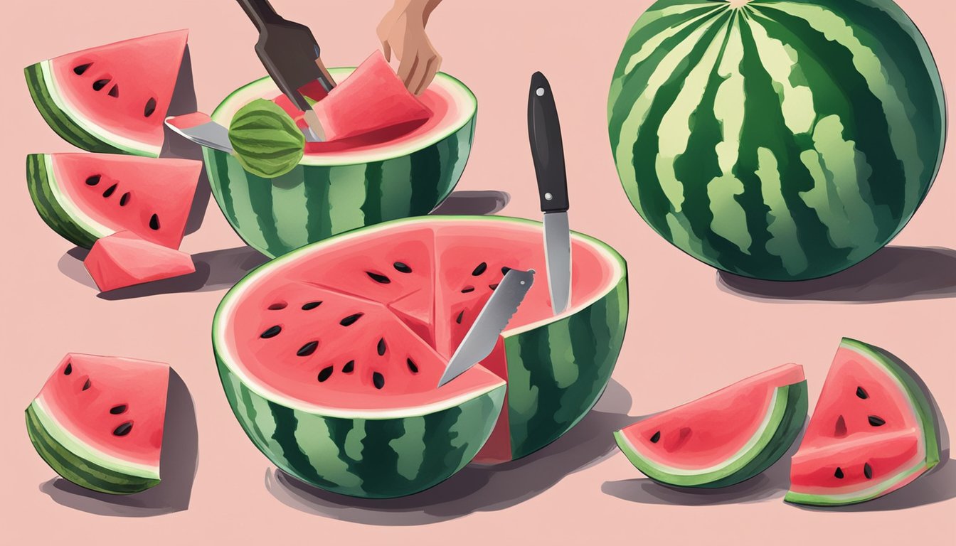 A watermelon being cut into chunks with a knife, then blended into a puree. The puree is being strained to extract the juice, which is being simmered with sugar to create watermelon syrup